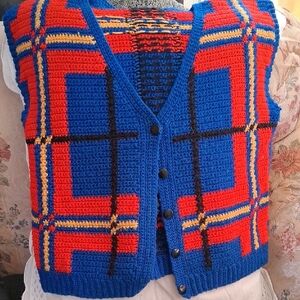 Blue & Red Plaid V-Neck Sweater Vest